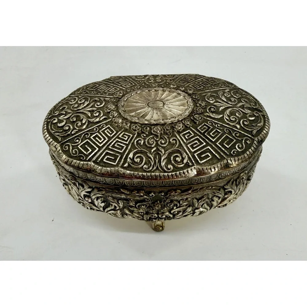Jewelry Trinket Box Silver Plate Ornate Footed Floral Greek Key Vintage